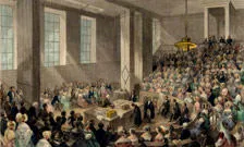 Engraving showing a well attended prize giving event at King's College London from 1840 with coloured tinting 