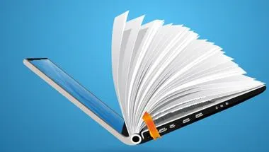 Image of an open laptop with pages inside like a book