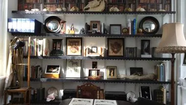 Image of shelving with framed photgraphs and books and animal skulls