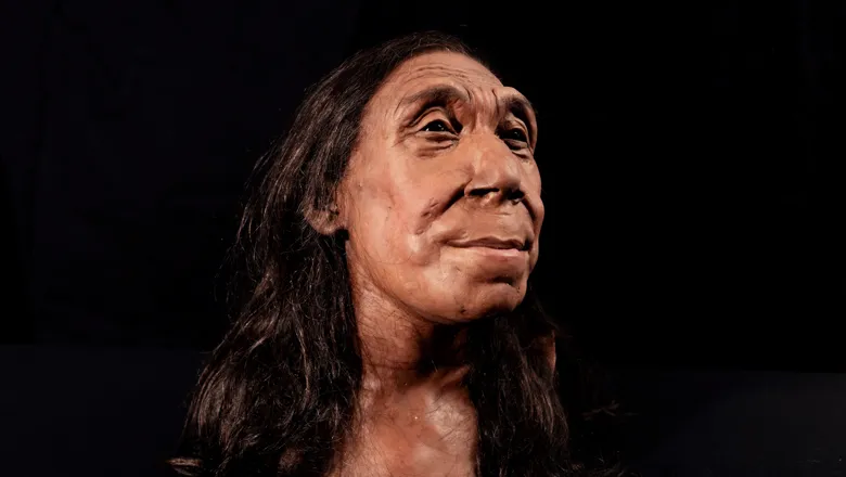 Reconstructed face of 75,000-year-old Neanderthal woman. BBC Studios/Jamie Simonds