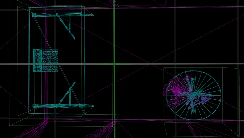wireframe image of room is sad exhibit - black background and outlines in neon colours