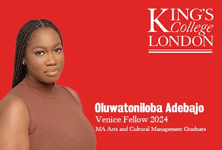 Oluwatoniloba Adebajo - Venice Fellow 2024 on a red background