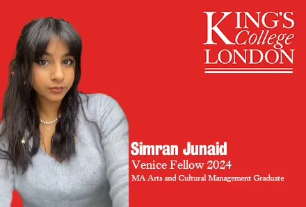 Simran Junaid - Venice Fellow 2024 on a red background
