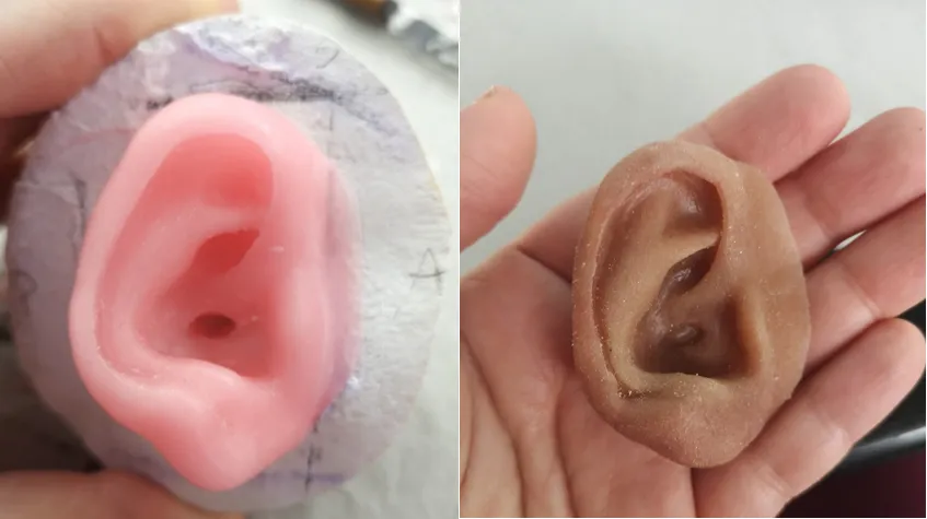 Wax pattern for a patient's prosthesis ear, and the finished coloured ear.