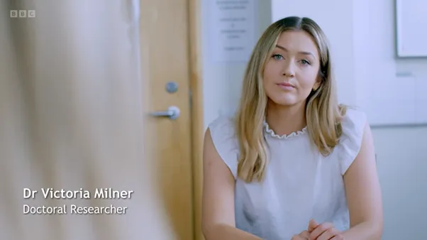 Dr Victoria Milner, Doctoral Researcher at King's IoPPN and Trainee Clinical Psychologist at Oxford Health NHS Foundation Trust. Image taken from Christine McGuinness: Unmasking My Autism - Courtesy of BBC One and Optomen TV.