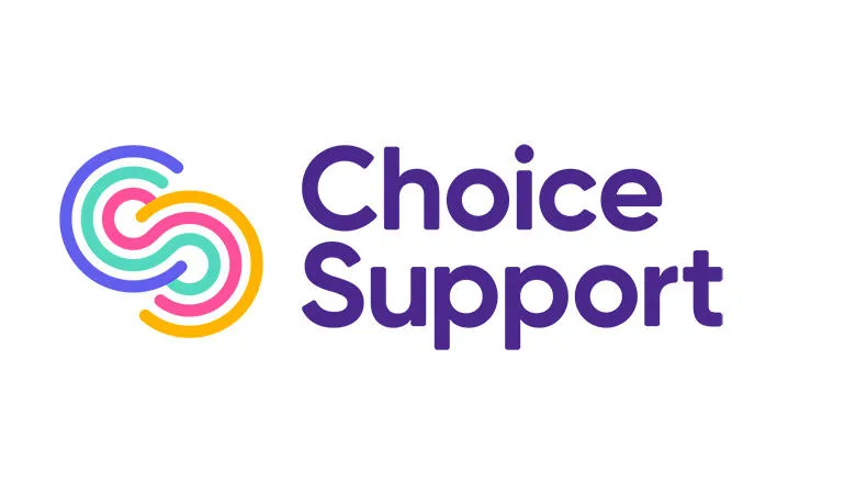 Choice Support logo purple text on white background with multicoloured pattern shaped like the letters C and S