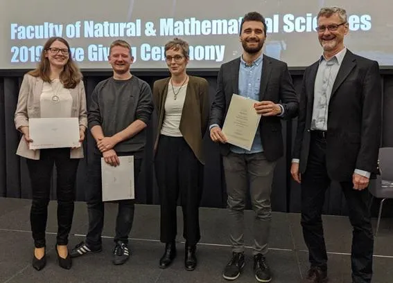 PhD students Karola Gerecht, Grant Pellowe and Magd Badaoui (l-r) with Professor Paula Booth (centre) and Professor Roger Morris (r), Department of Chemistry.