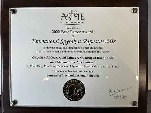Dr Emmanouil Spyrakos-Papastavridis receives ASME 2022 Best Paper Award