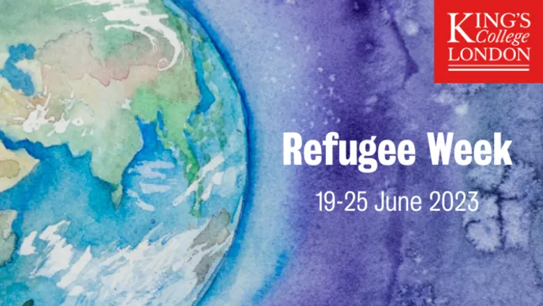 Image of a globe with a purple night sky to the right side, there is white text on the right hand side: Refugee Week 19-25 July 2023