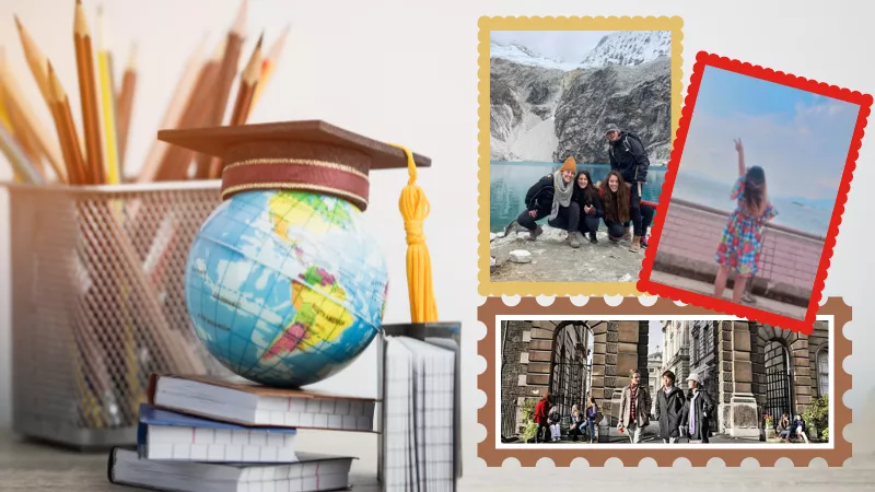 Image of a globe on top of a pile of books, a pencil holder is full behind. To the right there are three postage stamp framed images showing students across the globe. One is students in front of a lake, a student pointing to a clear sky and an image of t