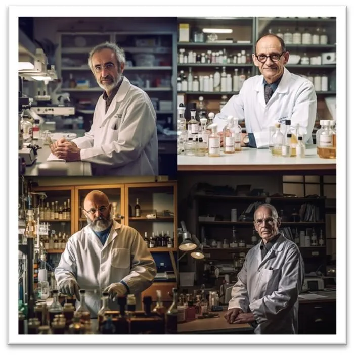 Four AI-generated images of men wearing lab coats, working in laboratory setting