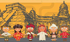 Illustration of people holding hands in national dress of various nations in front of the Seven Wonders of the WOrld