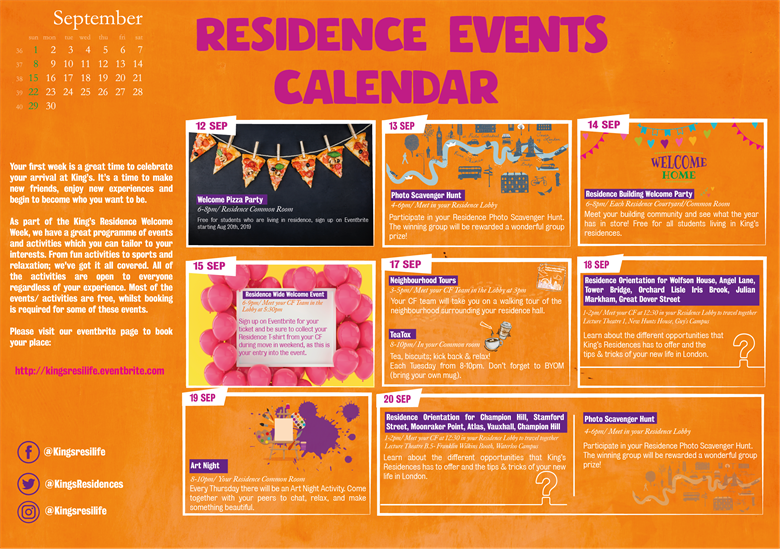Resilife welcome week events calendar 2019