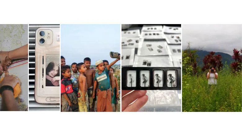 A collage of five images: hands threading a map, a phone with a polaroid photo of a woman, Rohingya children pretending to take a selfie with a flip flop, sim shaped photo slides, and a person photographing in a field.