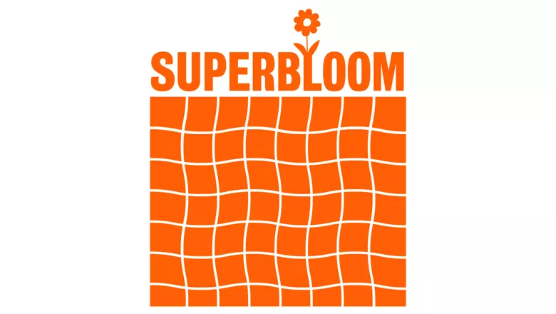 Superbloom text with flower graphic over the L in orange above an orange coloured square with white graph lines