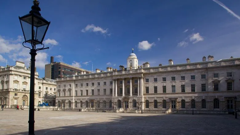 The quad at Somerset House London - white stoned buildings round a wide cobbled square