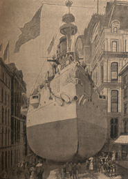 Dimensions of a naval warship compared to those of houses in Broadway, New York.