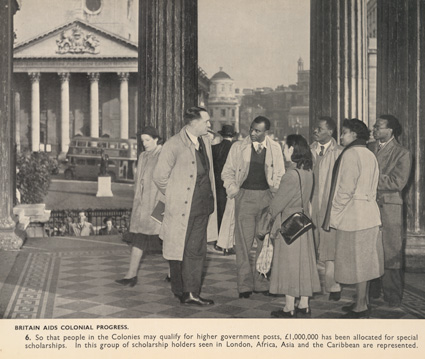 Group of students from the former British Empire, with the City of London in the background. From: Britain aids the colonies. Great Britain. Central Office of Information