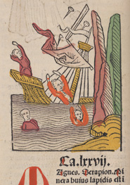 Woodcut depicting a shipwreck caused by loadstone from Hortus sanitatis (1491)