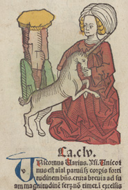 Woodcut depicting a maiden holding a unicorn from Hortus sanitatis (1491)