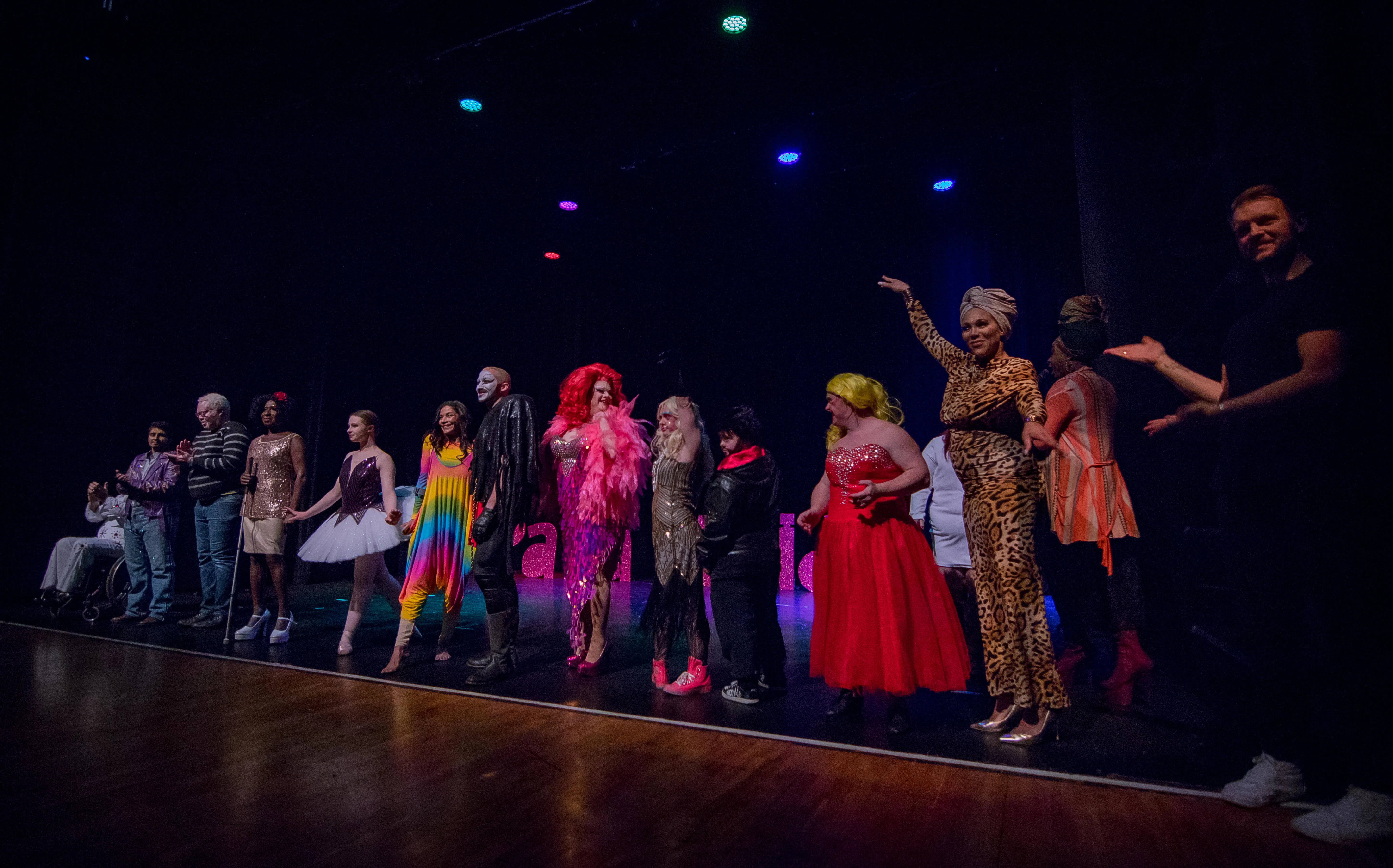 Performers face the audience during the curtain call at ParaPride Stratford Circus Arts Centre Takeover held in February 2020