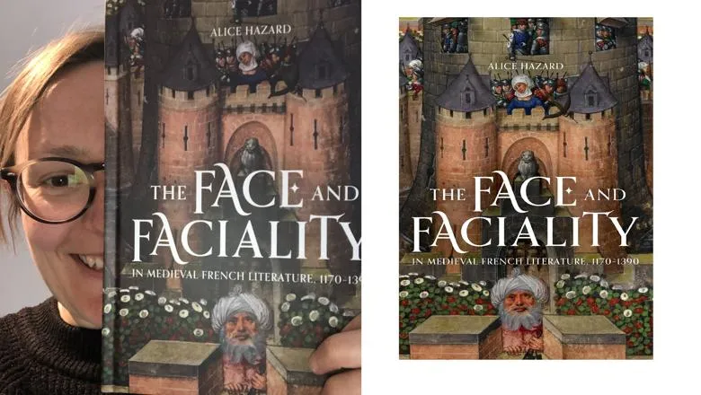 On the left, Dr Alice Hazard is holding their book. On the right is a picture of the book cover. 