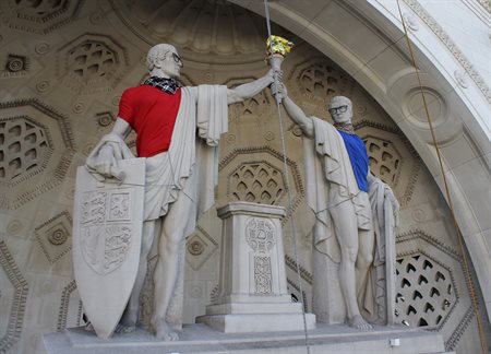 Classical statues at Bush House dressed in modern attire by artist Leo Caillard as part of King's College London's The Classical Now exhibition, 2 March - 28 April 2018