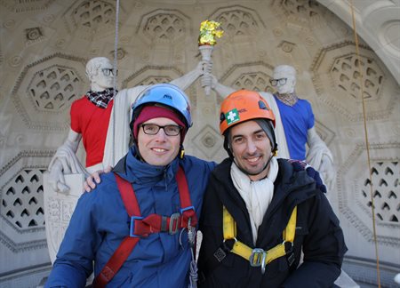 Artist Leo Caillard with Dr Michael Squire in front of Caillard's re-dressed classical statues, part of King's College London's The Classical Now exhibition, 2 March - 28 April 2018