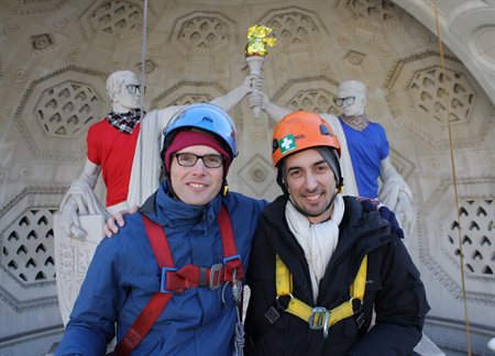 Artist Leo Caillard with Dr Michael Squire in front of Caillard's re-dressed classical statues, part of King's College London's The Classical Now exhibition, 2 March - 28 April 2018