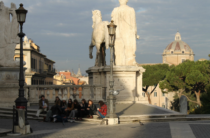 Students in front of statues