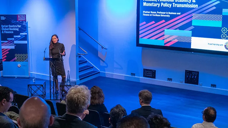 Francesca Monti speaking to a crowd of people during the 11 March 2020 Policy Lab at Science Gallery London. 