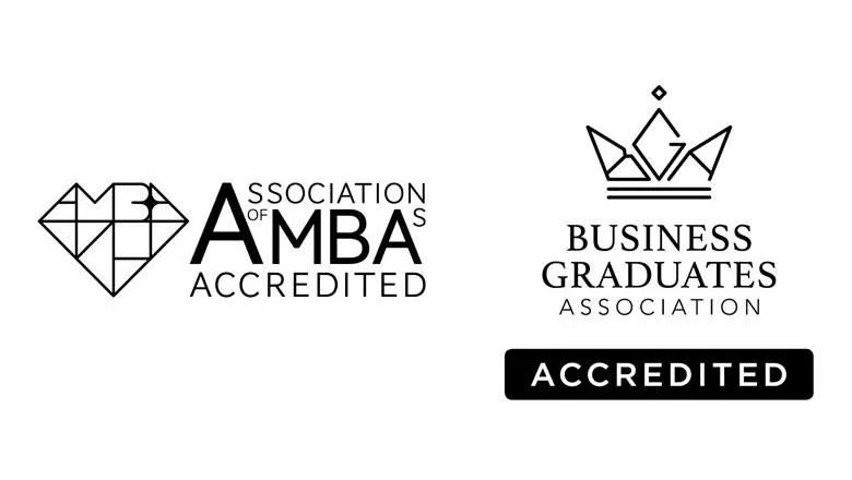 two black and white logos stating 'AMBA accredited' and 'Business Graduates Association accredited'