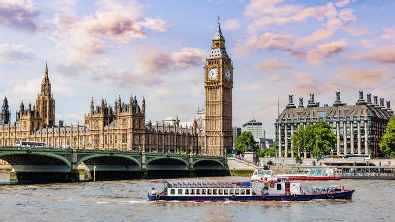 Big Ben, Westminster Bridge on River Thames in London, England, UK at sunset