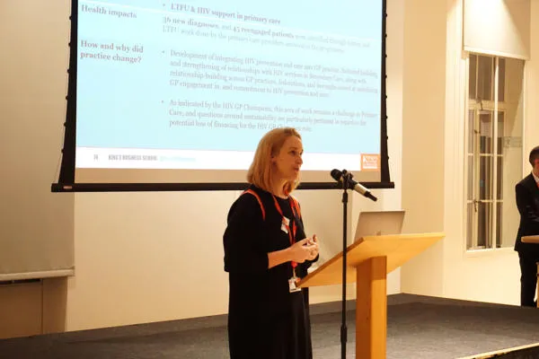 Clare Coultas presents her research on the Zero HIV Social Impact Bond programme at the Elton John AIDS Foundation event at Bush House. 