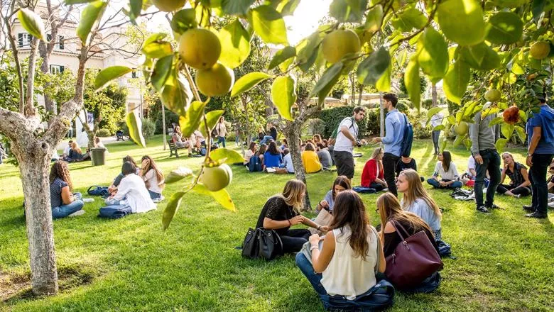 A picture of Luiss's sunny, grassy campus in Rome.  Students are relaxing in groups.