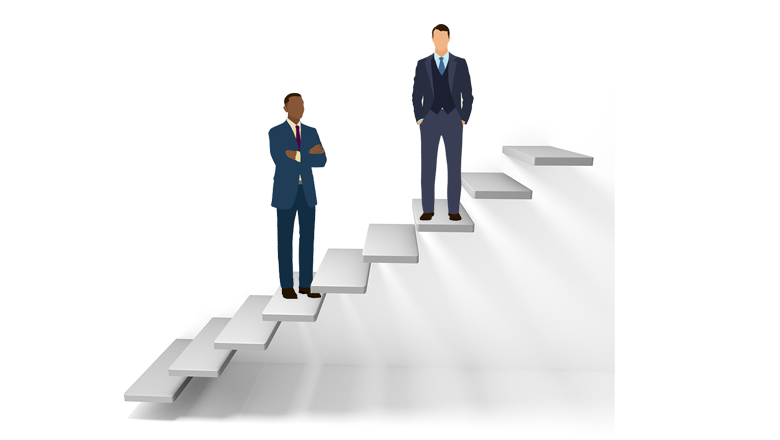 Cartoon graphic of floating steps, with a white man in suit at a higher positon than a Black man in suit