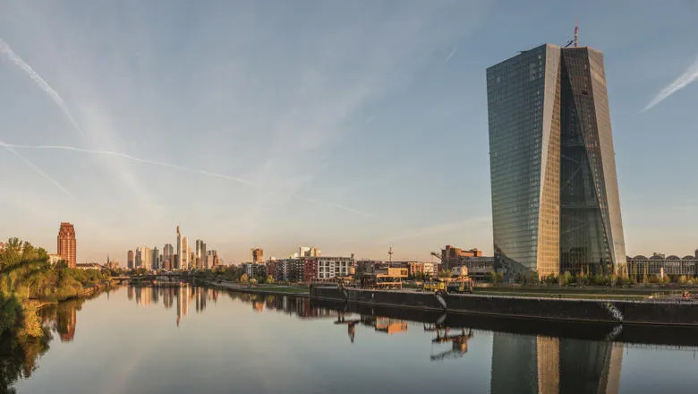 Seat of the European Central Bank and Frankfurt Skyline at dawn