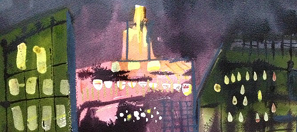 Detail of painting of a city skyline by Anca Carrington