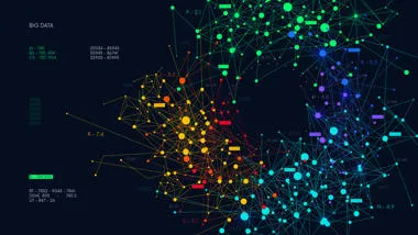 Diagram of a screen showing transdiagnostic biological clustering, represented by varying circles of different colours and sizes connected by lines