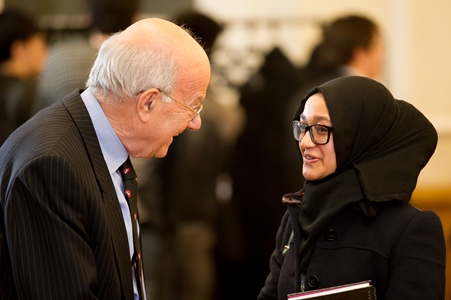 Lord Judge talks to a students following his talk on The Art of Advocacy for students in The Dickson Poon School of Law