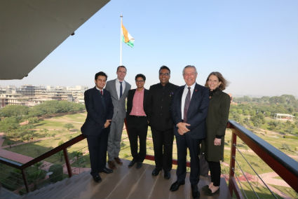 Aditya Mulkani, Dr Cian Murphy, Professor David Caron, and Susan Spencer with Vice Chancellor C Raj Kumar at Jindal Global Law School.