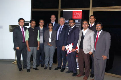 Aditya Mulkani, Dr Cian Murphy, and Professor David Caron with King’s Law alumni in Delhi.