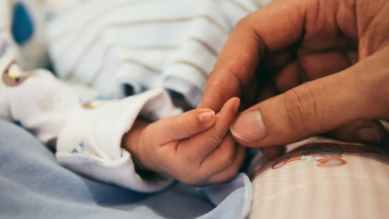 Adult hand holding a baby's hand