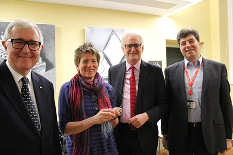 From left to right: Professor Edward Byrne, President and Principal of King's College London, Professor Jenny Nelson of Imperial College London, and Professors Peter Main and Anatoly Zayats of the Department of Physics at King's.