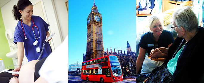 Midwifery student, London bus and Big Ben, nurse and elderly patient