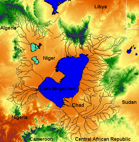 The rivers, lake area and catchment area of Lake Megachad overlaid on the DEM of the Chad basin.