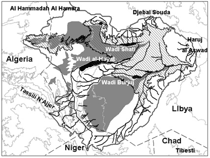 A simplified representation of the geomorphology of the Lake Megafezzan catchment.