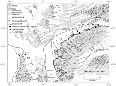 Map of the Wadi al-Hayat and Ubari Sand Sea study area showing a simplified representation of its geomorphology.