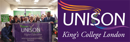 Banner containing the logo of the King's College London UNISON branch and a photo from a branch AGM.