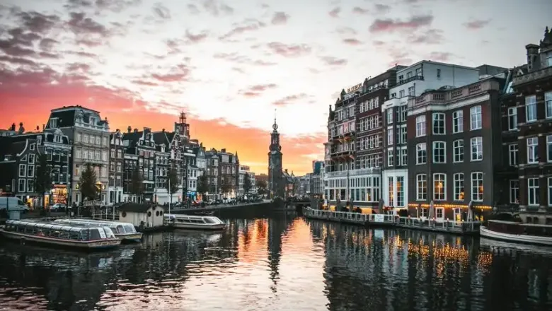 Amsterdam canal at sunset